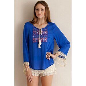Royal Blue ENTRO Embroidered Tassel Bell Sleeve Lace BOHO Hippie Peasant Top